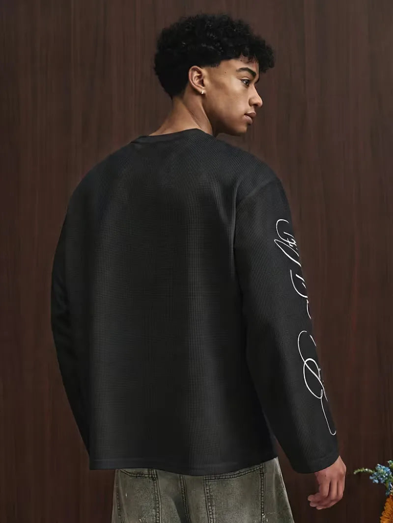 Men's Oversized Waffle-Knit Longsleeve with Script Sleeve Print
