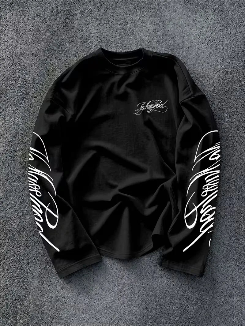 Men's Dark Longsleeve with White Script Print on Sleeves and Chest