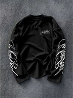 Men's Dark Longsleeve with White Script Print on Sleeves and Chest