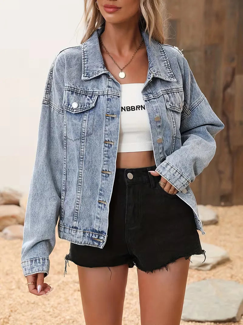 Women's Long-sleeve Trucker Jacket – Light Blue