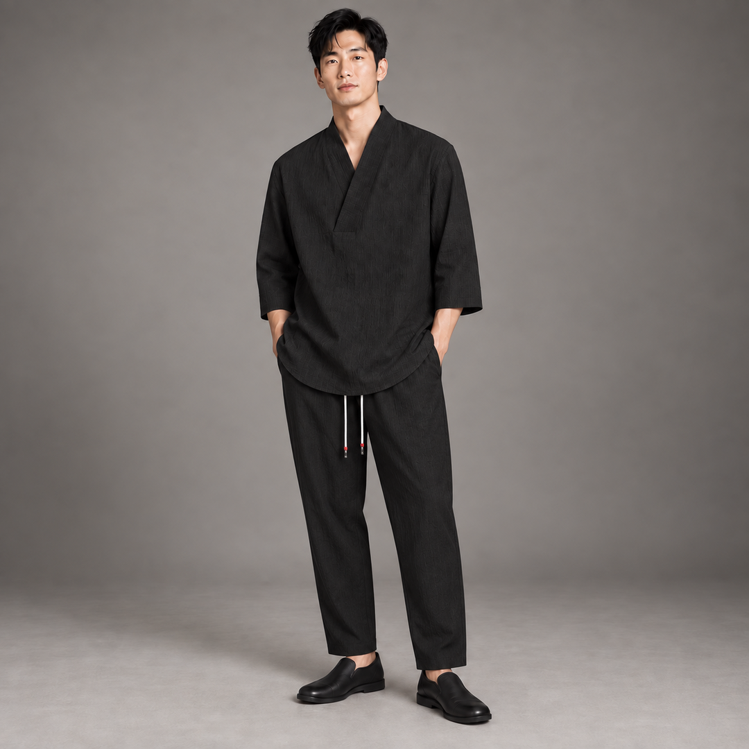 Men's Oversized Two-Piece Set – Relaxed V-Neck Tunic and Drawstring