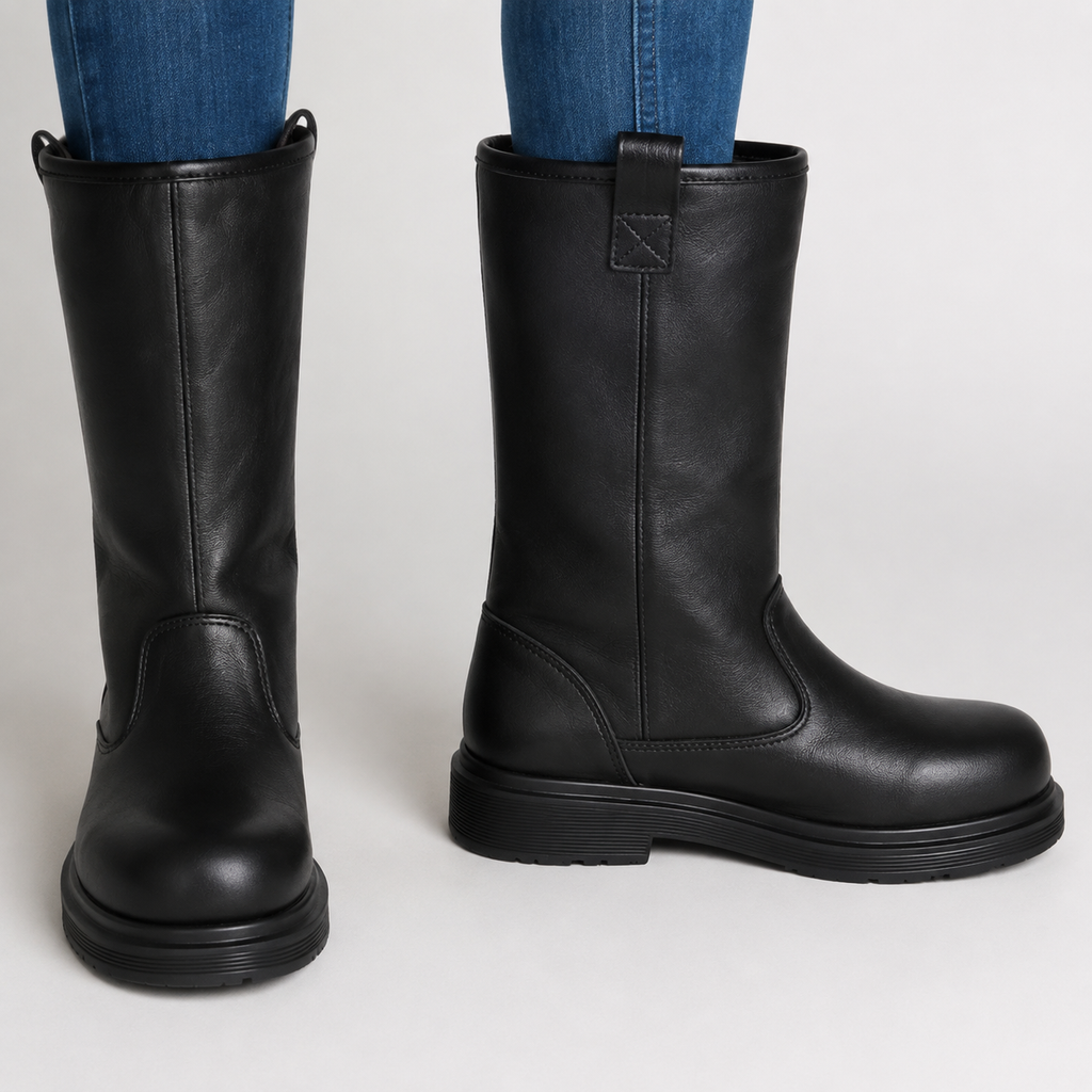 Men's Mid-Calf Leather-Look Boots – Lined Round-Toe Winter Boots