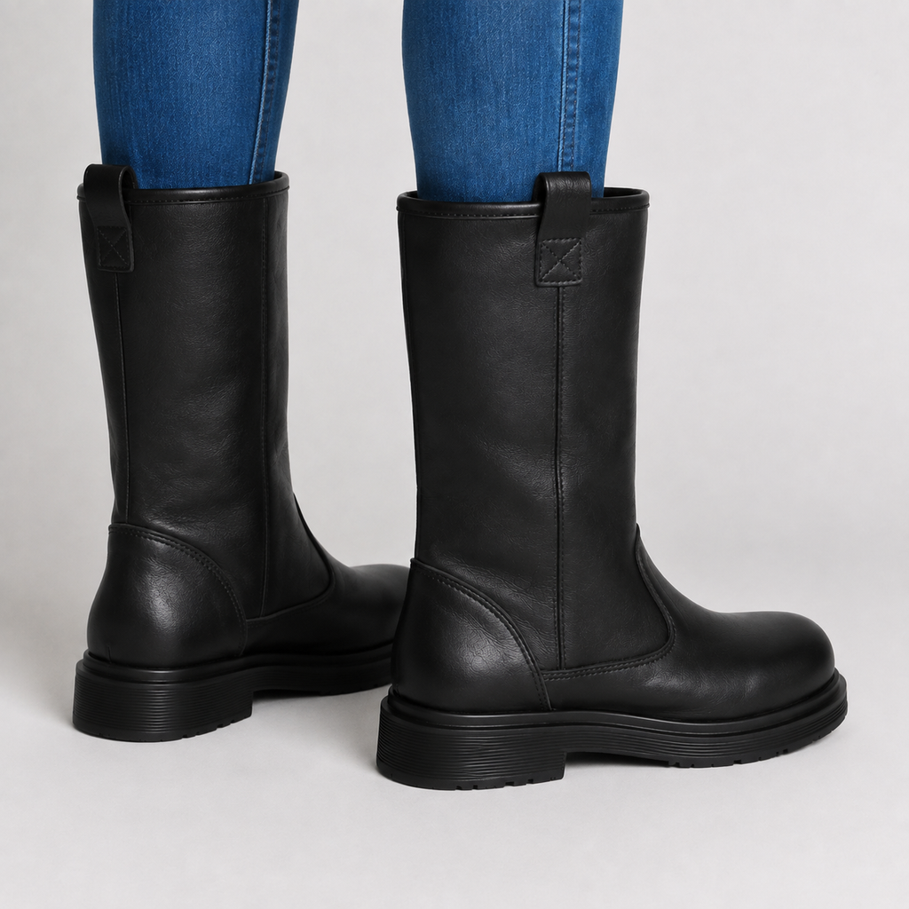 Men's Mid-Calf Leather-Look Boots – Lined Round-Toe Winter Boots