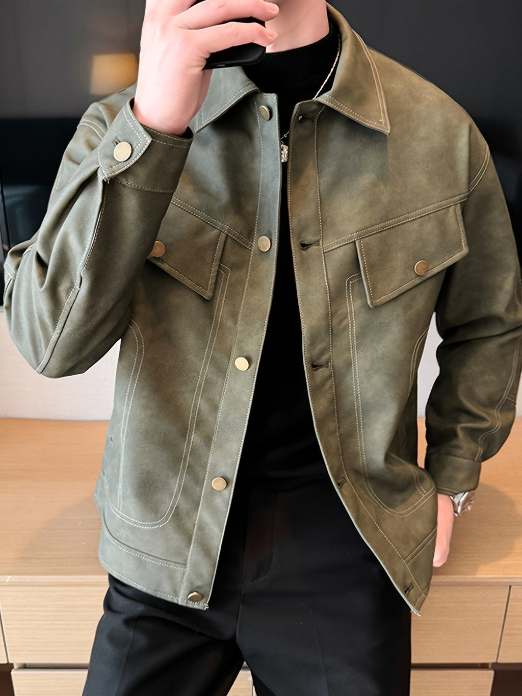 Men's Faux Leather Jacket in Biker Style
