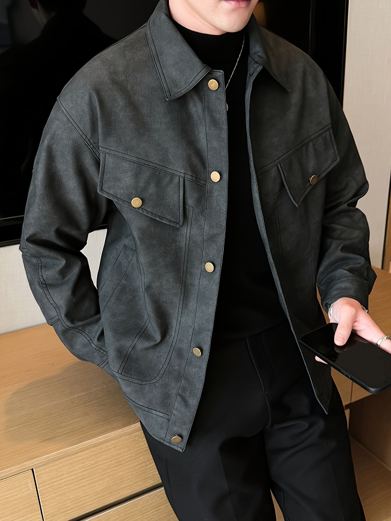 Men's Faux Leather Jacket in Biker Style