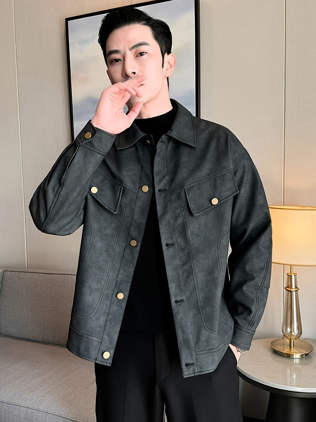 Men's Faux Leather Jacket in Biker Style
