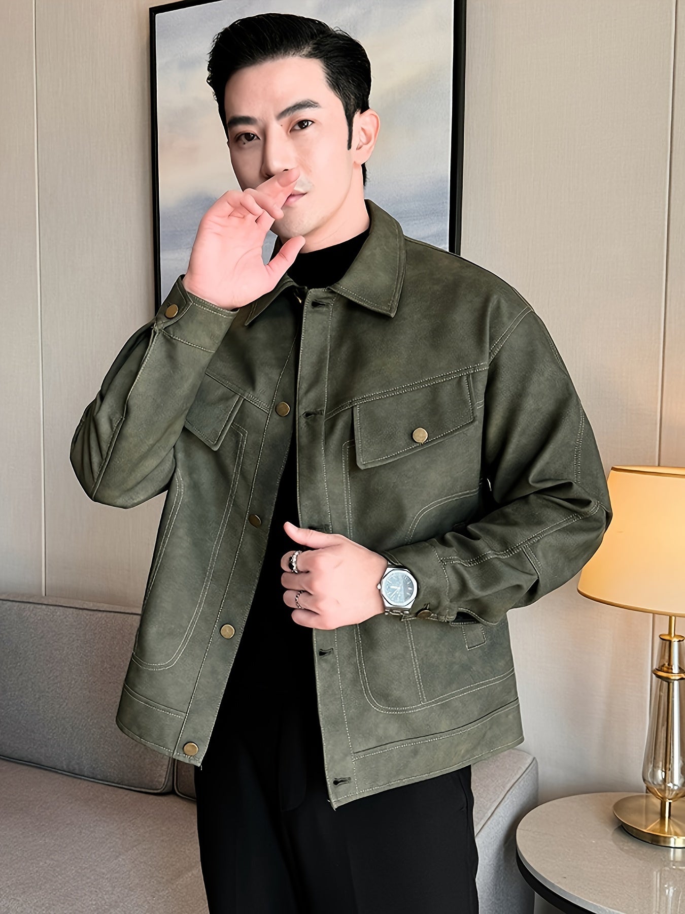 Men's Faux Leather Jacket in Biker Style