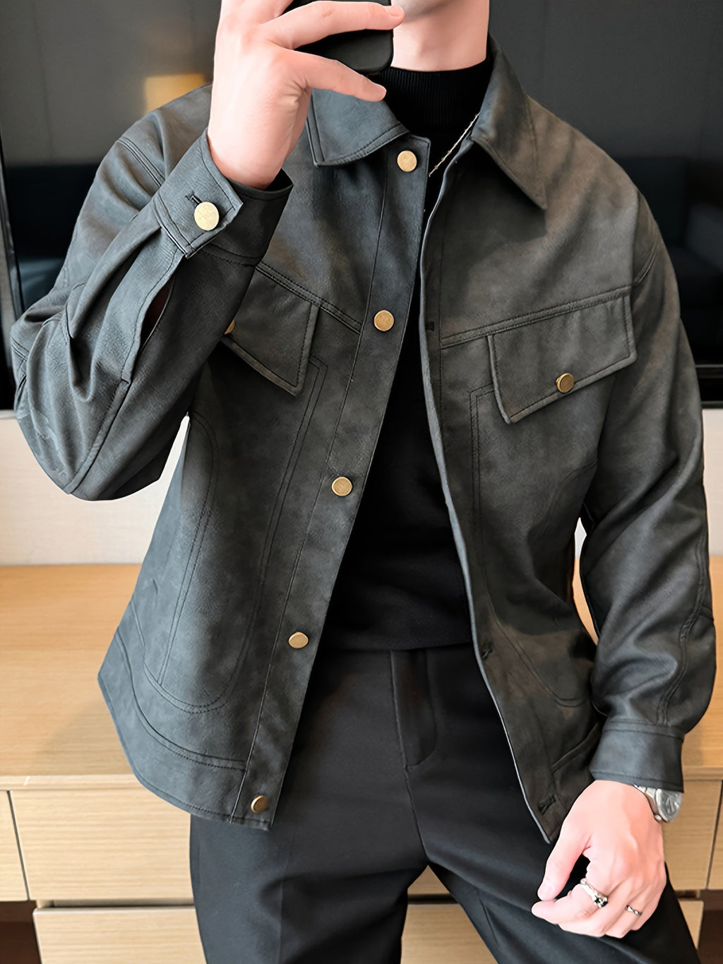 Men's Faux Leather Jacket in Biker Style
