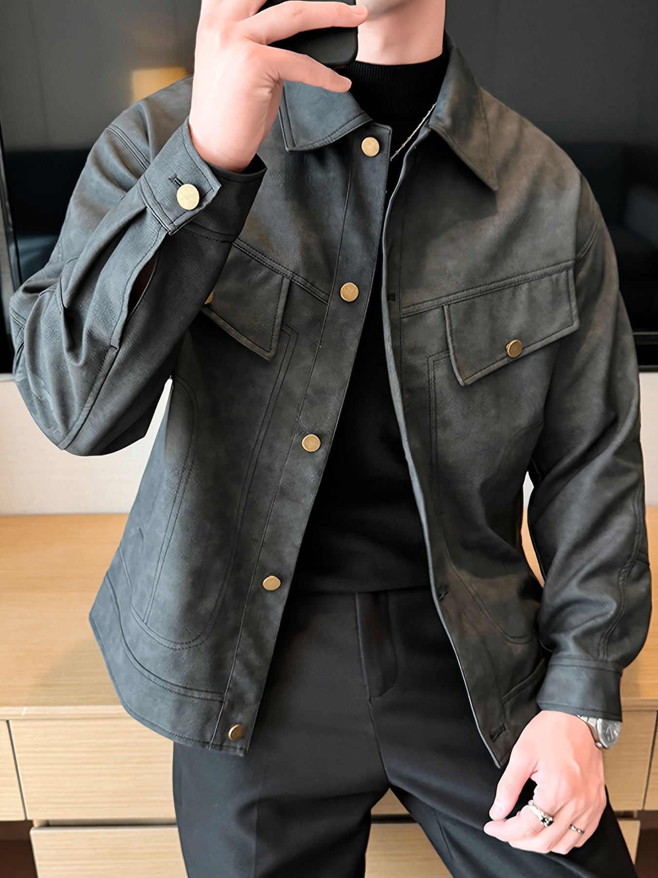 Men's Faux Leather Jacket in Biker Style