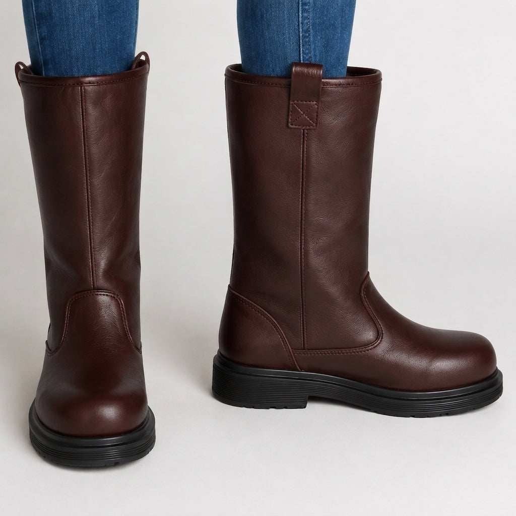 Men's Mid-Calf Leather-Look Boots – Lined Round-Toe Winter Boots