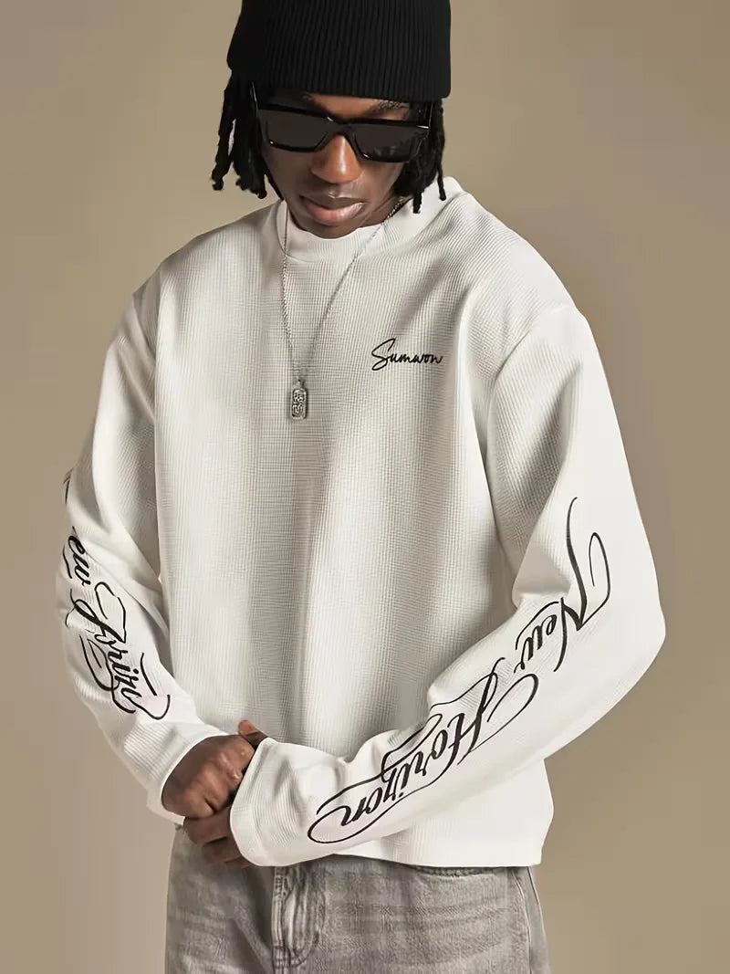 Men's White Textured Longsleeve with Script Sleeve Print