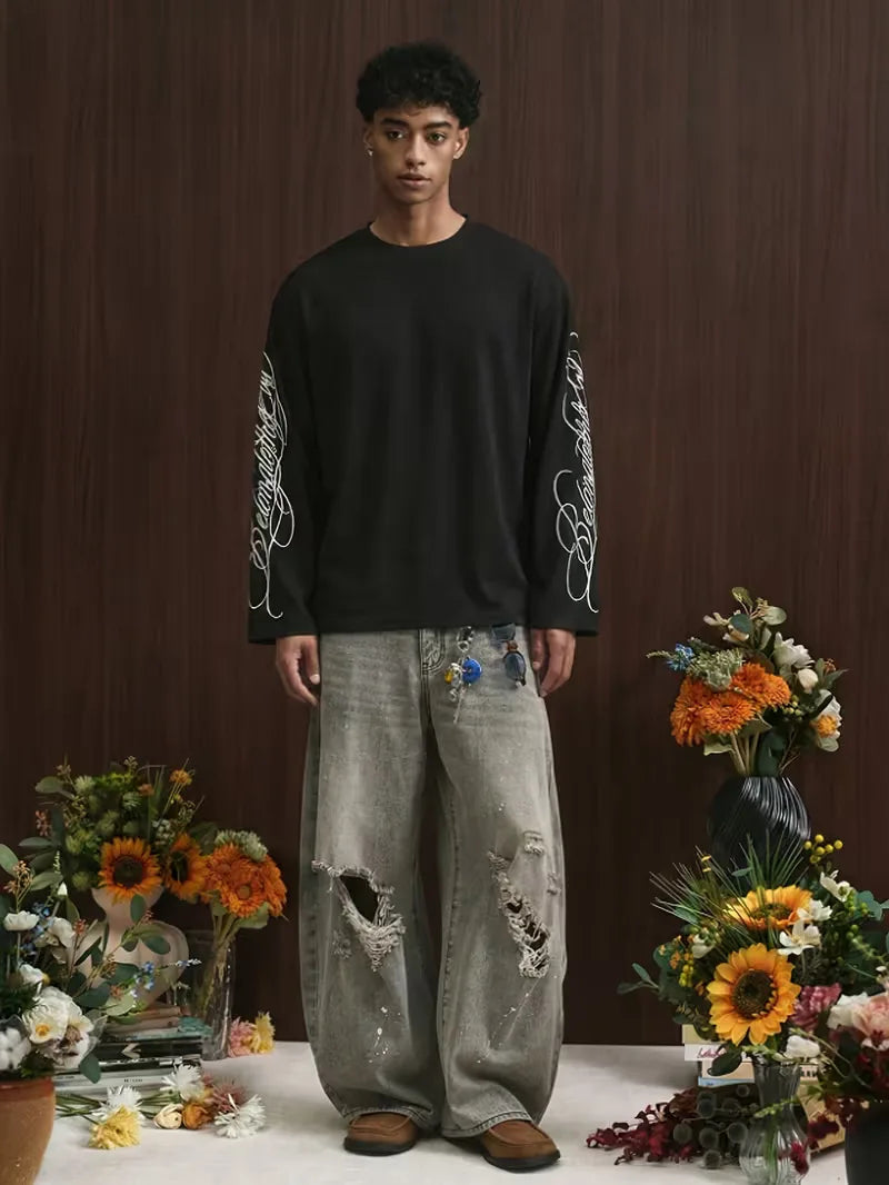 Men's Oversized Waffle-Knit Longsleeve with Script Sleeve Print