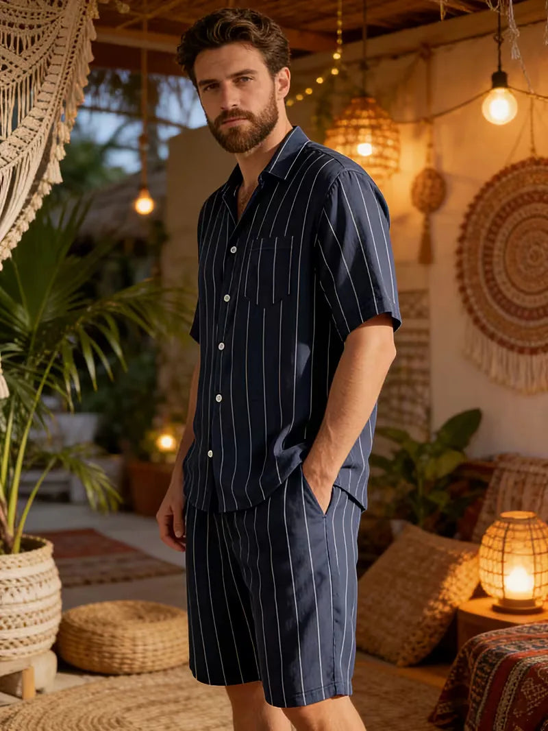 Men's Vertical Stripe Shirt and Shorts Set