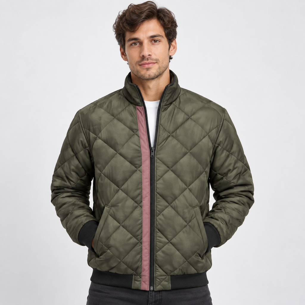 Men's Quilted Bomber Jacket – Diamond-Stitched Stand-Collar Layer