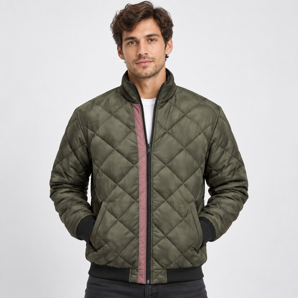 Men's Quilted Bomber Jacket – Diamond-Stitched Stand-Collar Layer