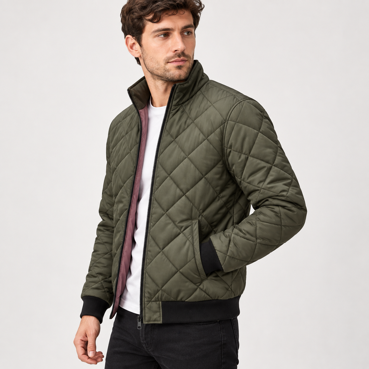 Men's Quilted Bomber Jacket – Diamond-Stitched Stand-Collar Layer