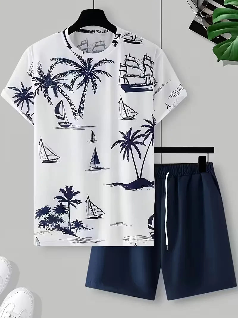 Men's Tropical Print T-Shirt and Shorts Set