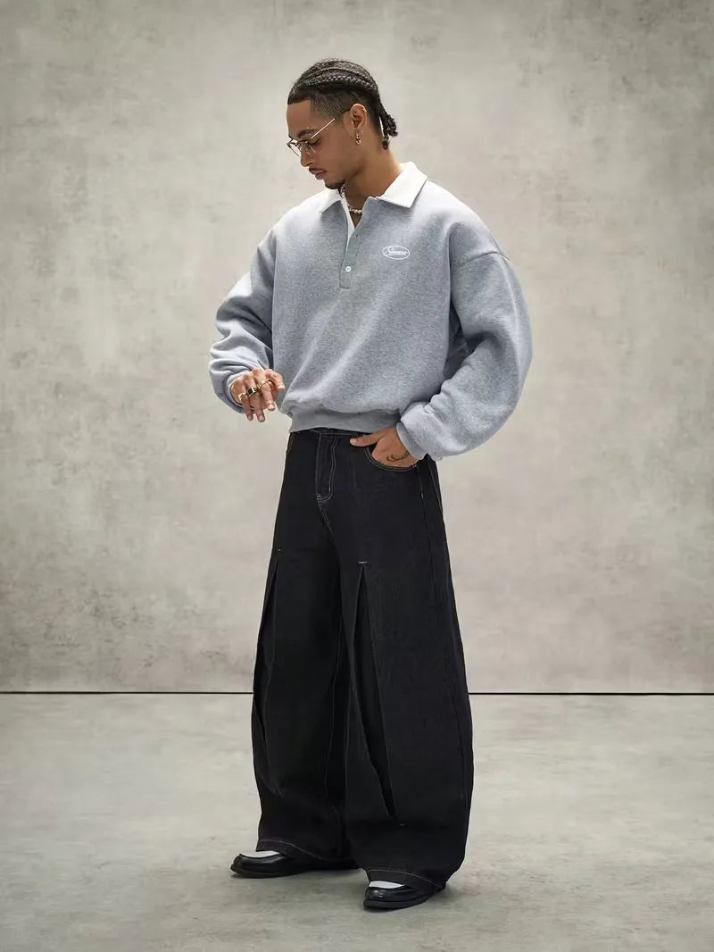 Men's Oversized Polo-Collar Sweatshirt with Embroidered Chest