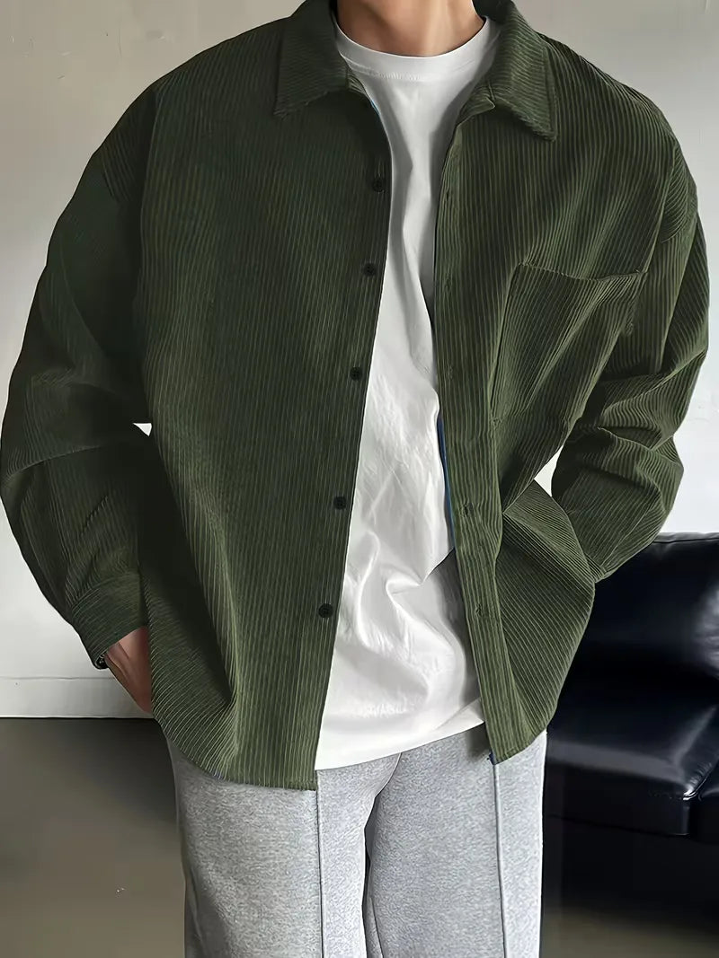Men's Ribbed Long Sleeve Shirt with Chest Pocket