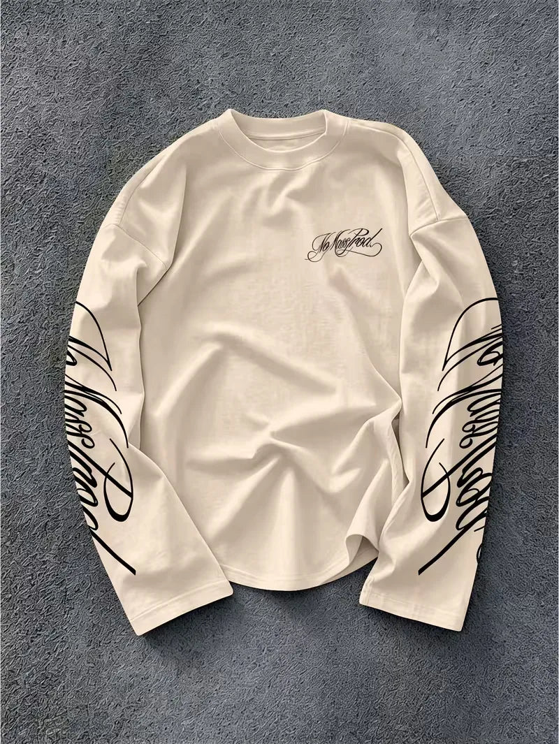 Men's Dark Longsleeve with White Script Print on Sleeves and Chest