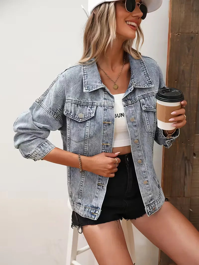 Women's Long-sleeve Trucker Jacket – Light Blue
