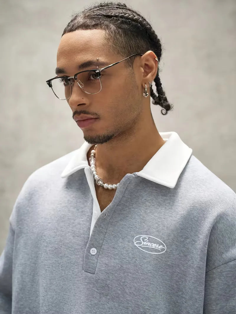 Men's Oversized Polo-Collar Sweatshirt with Embroidered Chest