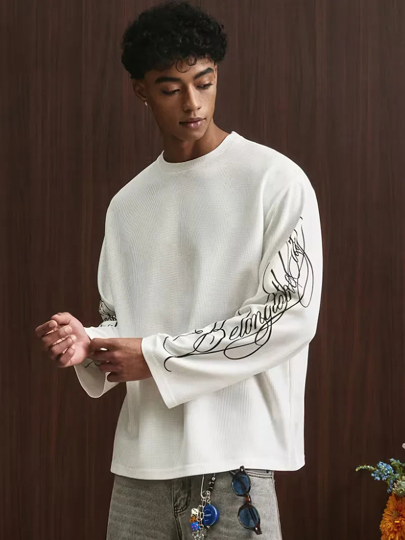 Men's Oversized Waffle-Knit Longsleeve with Script Sleeve Print