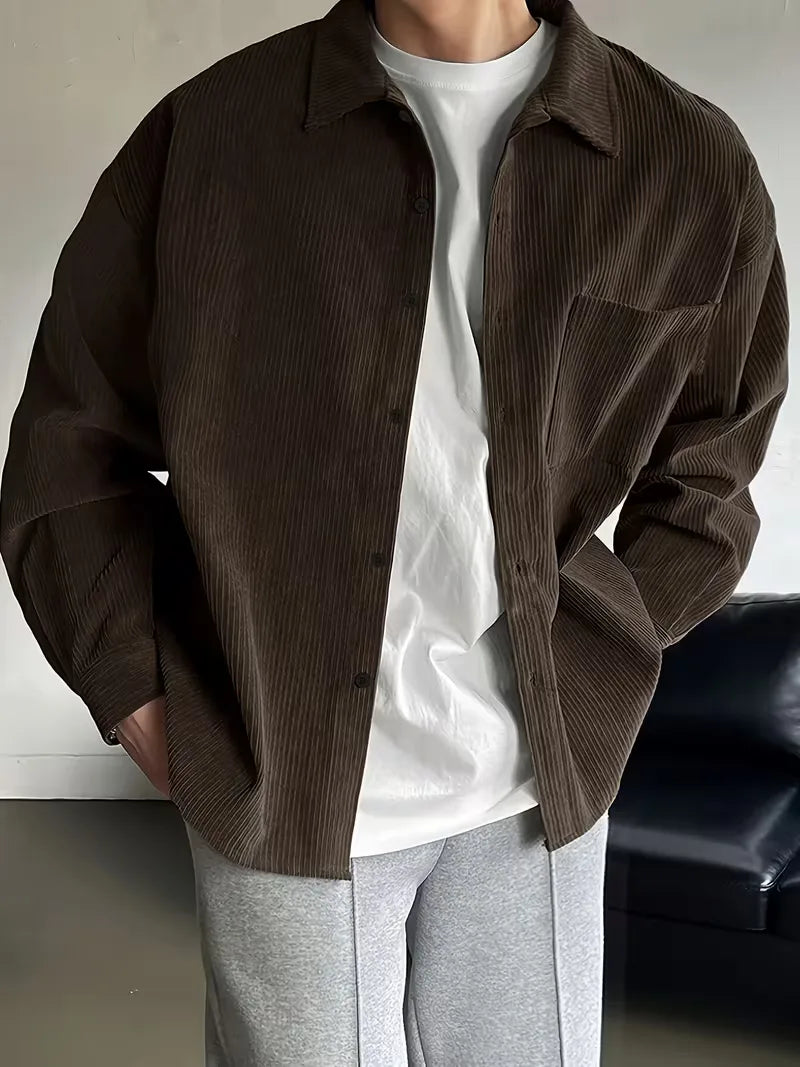 Men's Ribbed Long Sleeve Shirt with Chest Pocket