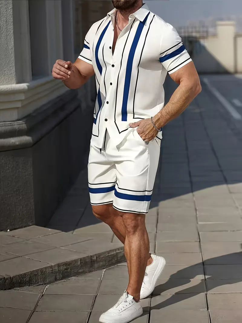 Men's Short Sleeve Shirt and Shorts Set in White/Blue