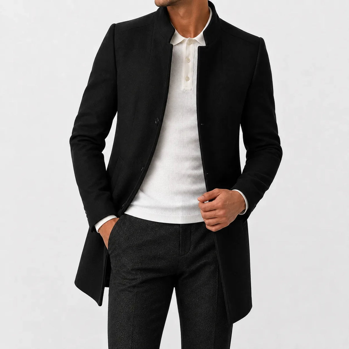 Men's Slim-fit Trench Coat with Mandarin Collar