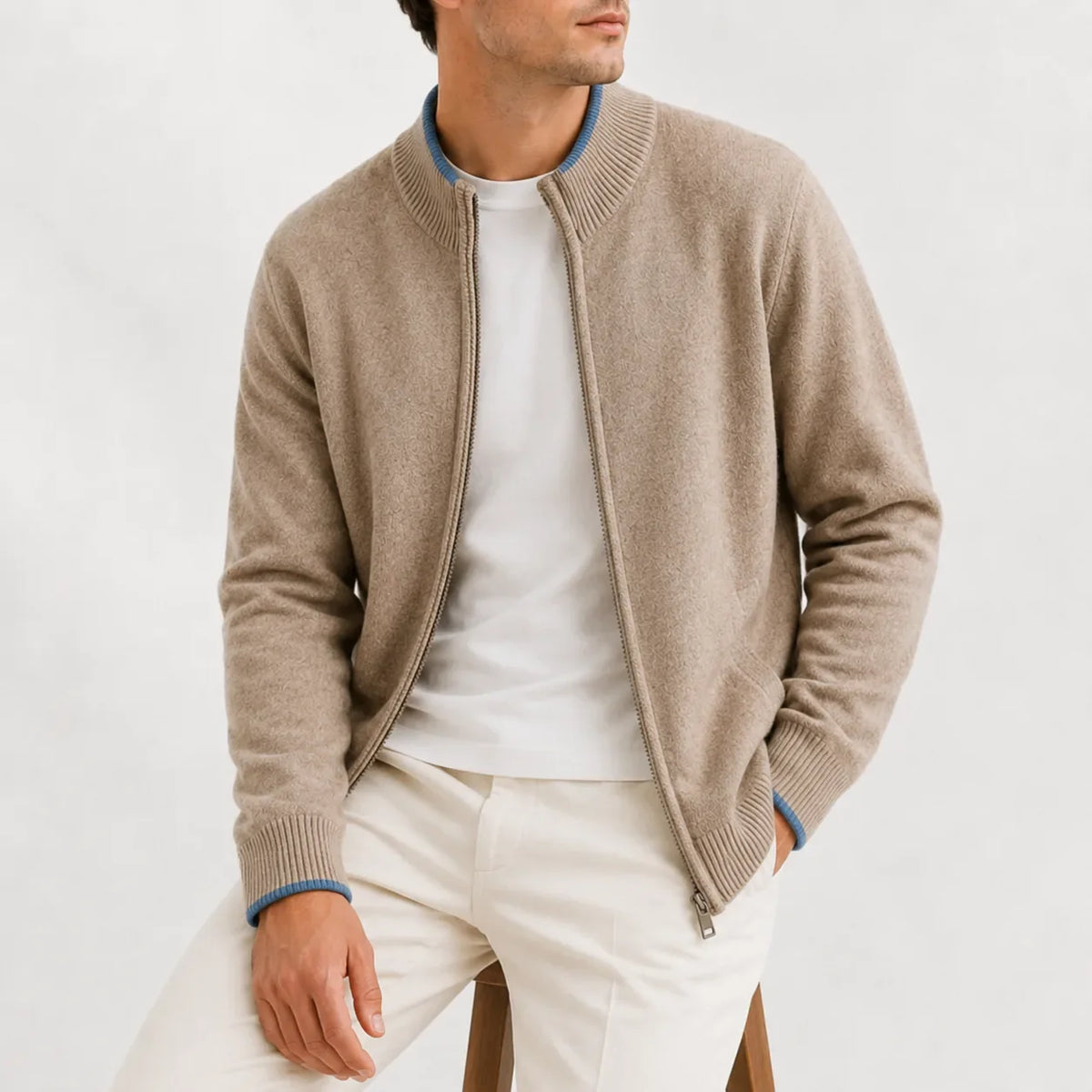 Men's Zip-up Jumper with Knitted Texture