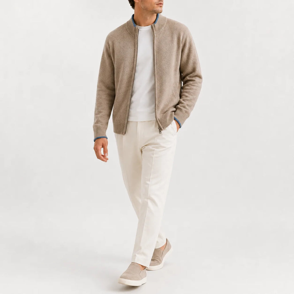 Men's Zip-up Jumper with Knitted Texture