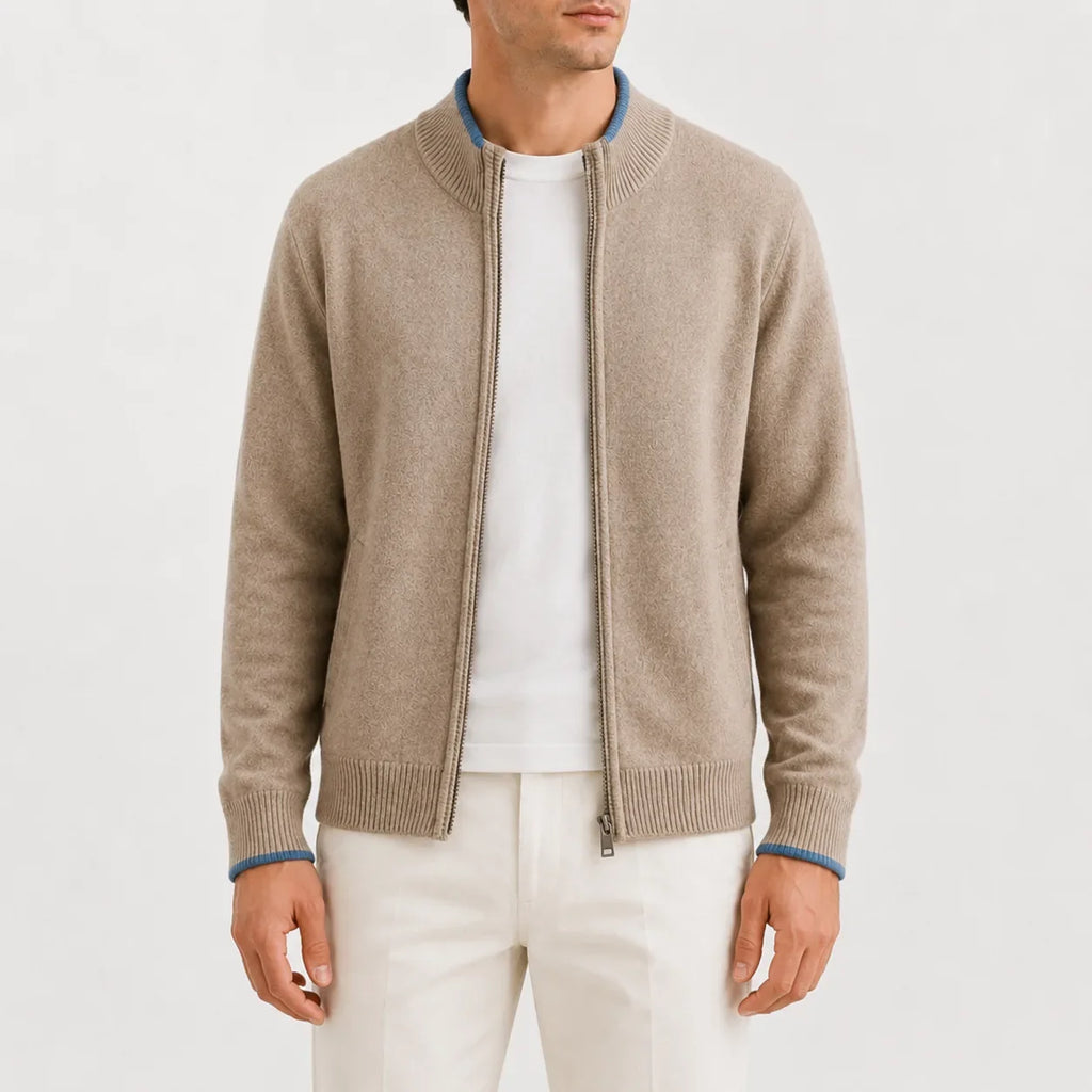 Men's Zip-up Jumper with Knitted Texture