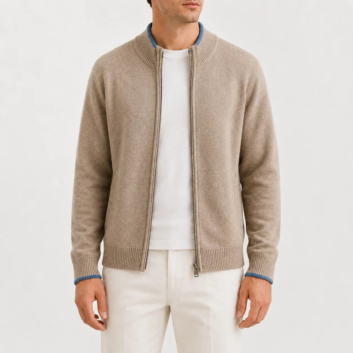 Men's Zip-up Jumper with Knitted Texture