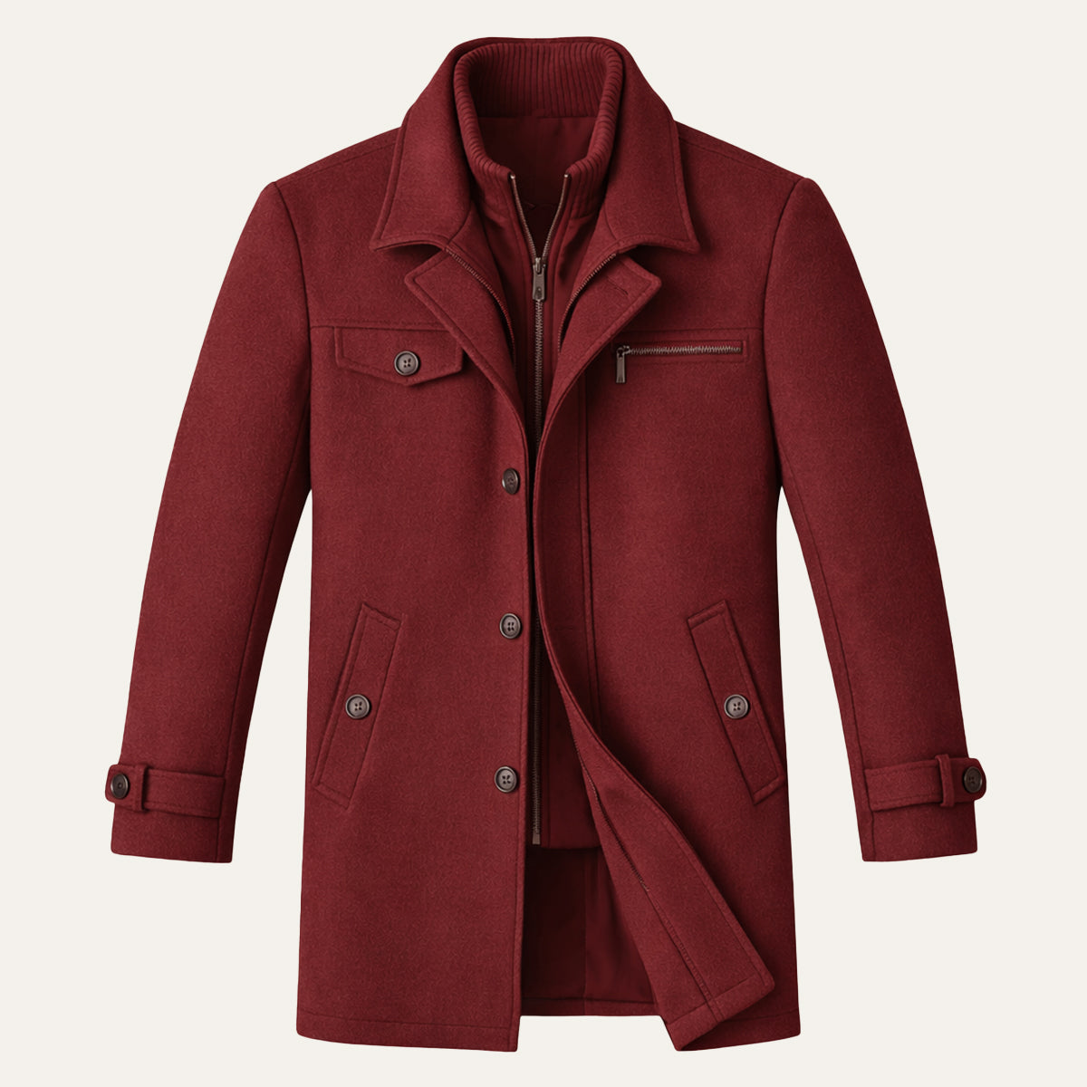 Men's Wool-Blend Smart Jacket – Zip and Button Front, Adjustable Cuffs