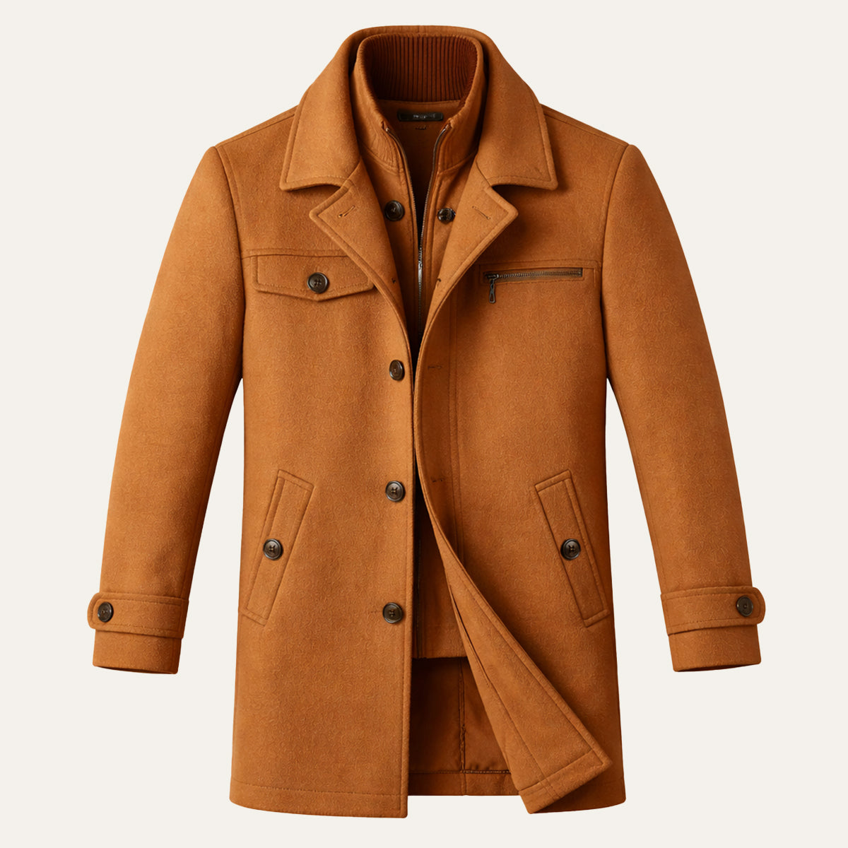 Men's Wool-Blend Smart Jacket – Zip and Button Front, Adjustable Cuffs