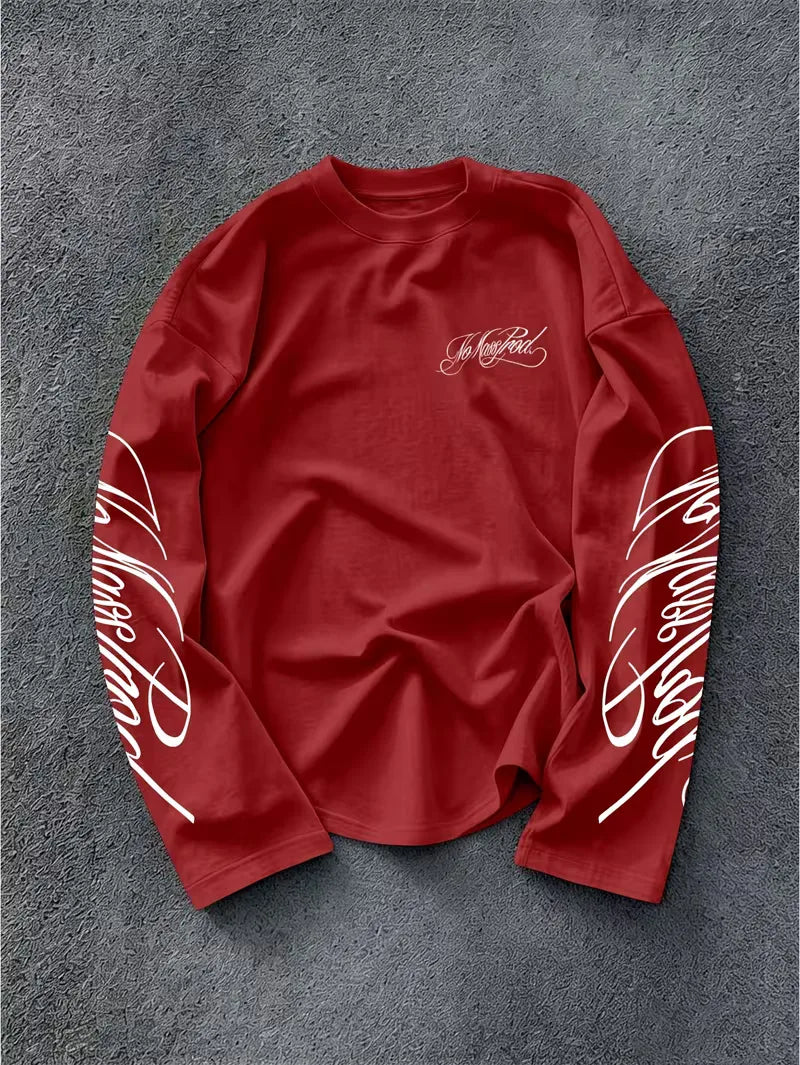 Men's Dark Longsleeve with White Script Print on Sleeves and Chest
