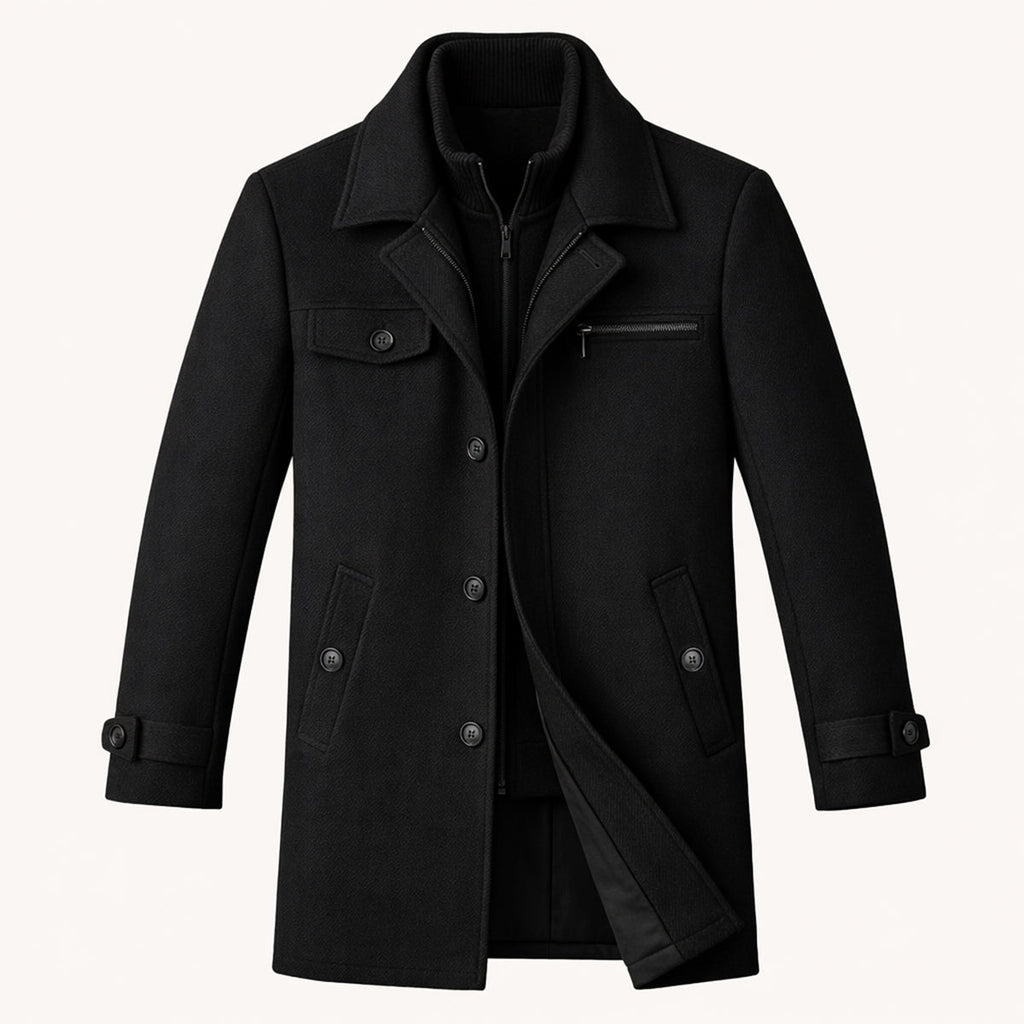 Men's Wool-Blend Smart Jacket – Zip and Button Front, Adjustable Cuffs