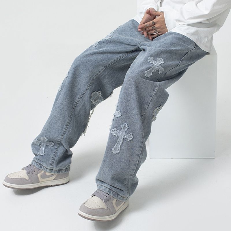Men's Cross Patch Jeans – Baggy Fit Denim with Statement Patches
