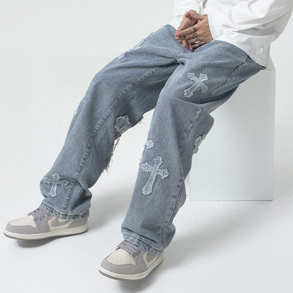 Men's Cross Patch Jeans – Baggy Fit Denim with Statement Patches