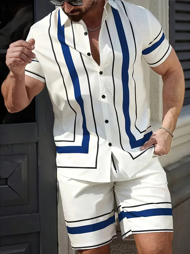 Men's Short Sleeve Shirt and Shorts Set in White/Blue