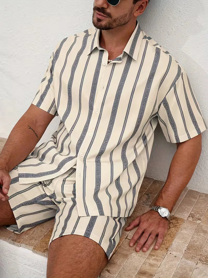 Men's Striped Short Sleeve Shirt and Shorts Set