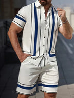 Men's Short Sleeve Shirt and Shorts Set in White/Blue
