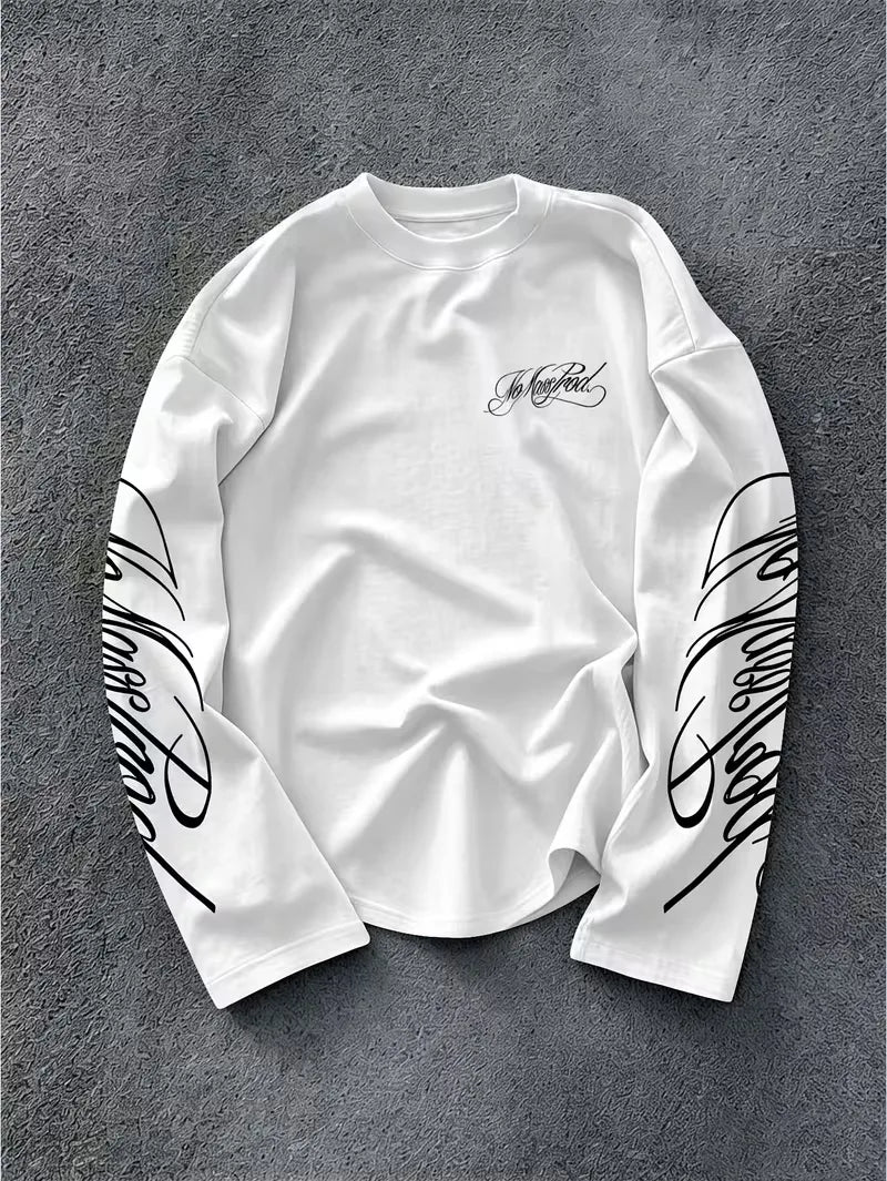 Men's Dark Longsleeve with White Script Print on Sleeves and Chest