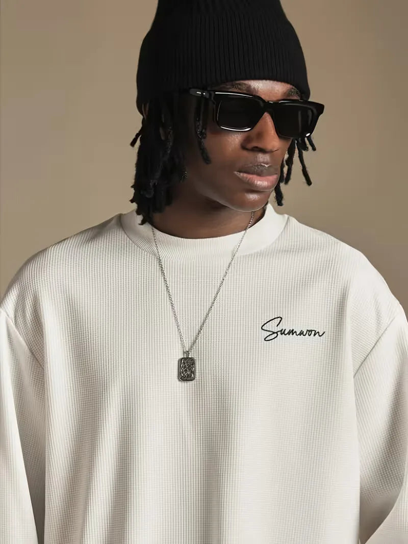 Men's White Textured Longsleeve with Script Sleeve Print