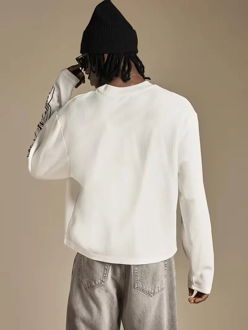Men's White Textured Longsleeve with Script Sleeve Print