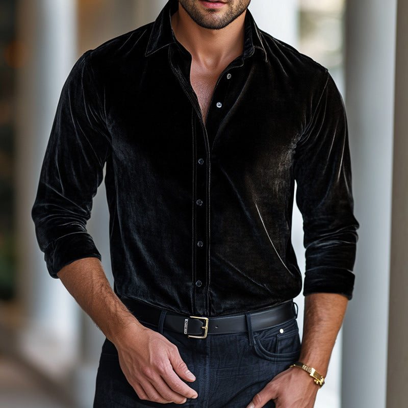 Men's Velvet Long-Sleeve Shirt – Fitted Button-Up Design