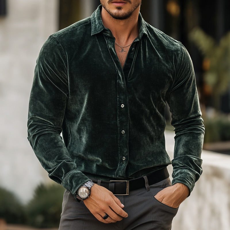 Men's Velvet Long-Sleeve Shirt – Fitted Button-Up Design
