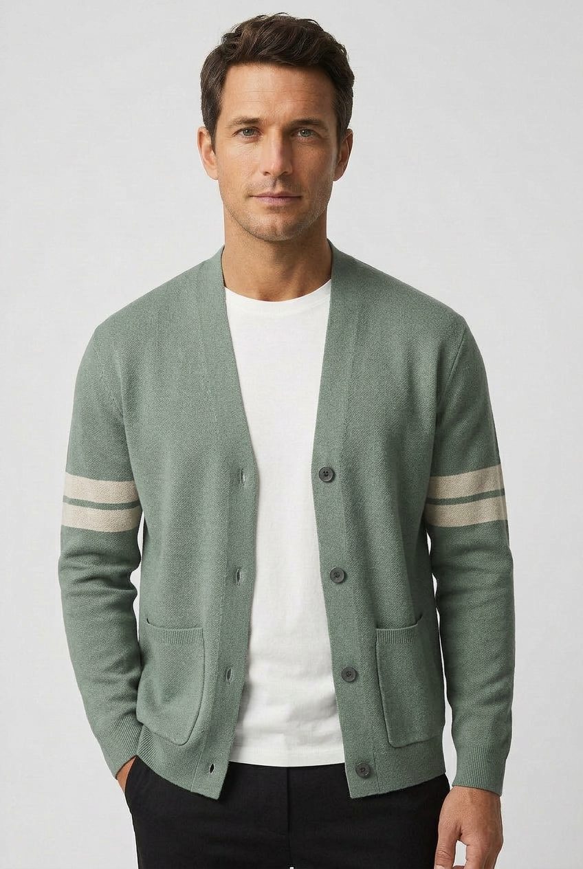 Men's Striped Knitted Cardigan – Button-Front V-Neck Sweater