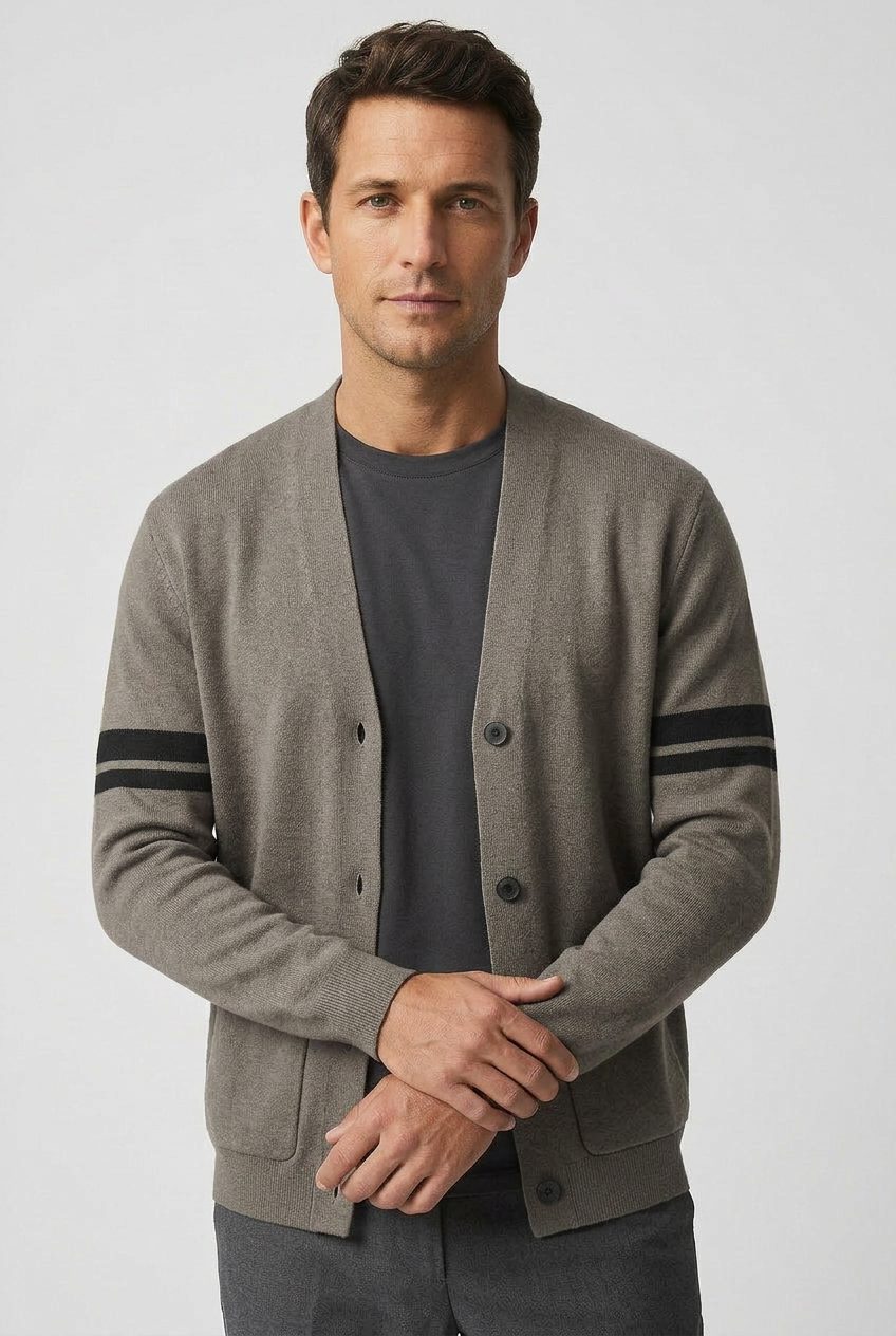 Men's Striped Knitted Cardigan – Button-Front V-Neck Sweater